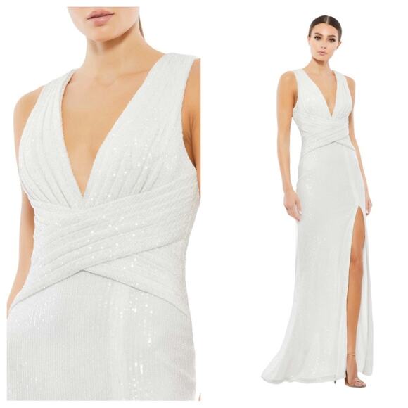NWT IEENA for MAC DUGGAL White V-Neck Sequin Wrap Waist Maxi Gown High Slit - Picture 1 of 11